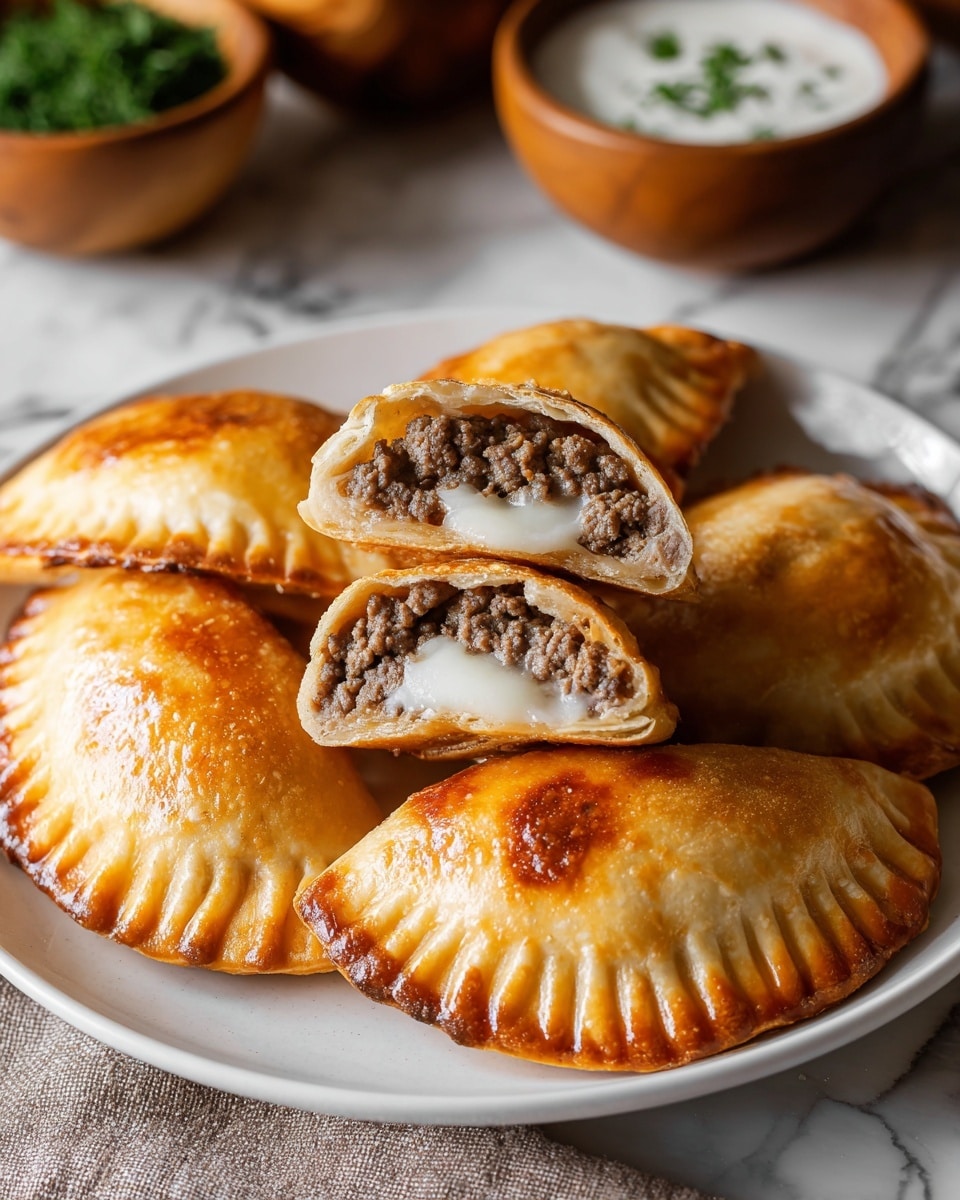 On a white plate, there are six golden-brown baked empanadas arranged with two halves stacked on top revealing the inside layers: a thin, crispy outer crust with a shiny, browned surface, and inside, a mixture of finely ground brown beef combined with a creamy white layer that looks like cheese or sauce. The empanadas have crimped edges to seal the filling. The plate sits on a surface with a white marbled texture, and soft blurred wooden bowls with green herbs and a white creamy sauce are faintly visible in the background. photo taken with an iphone --ar 4:5 --v 7