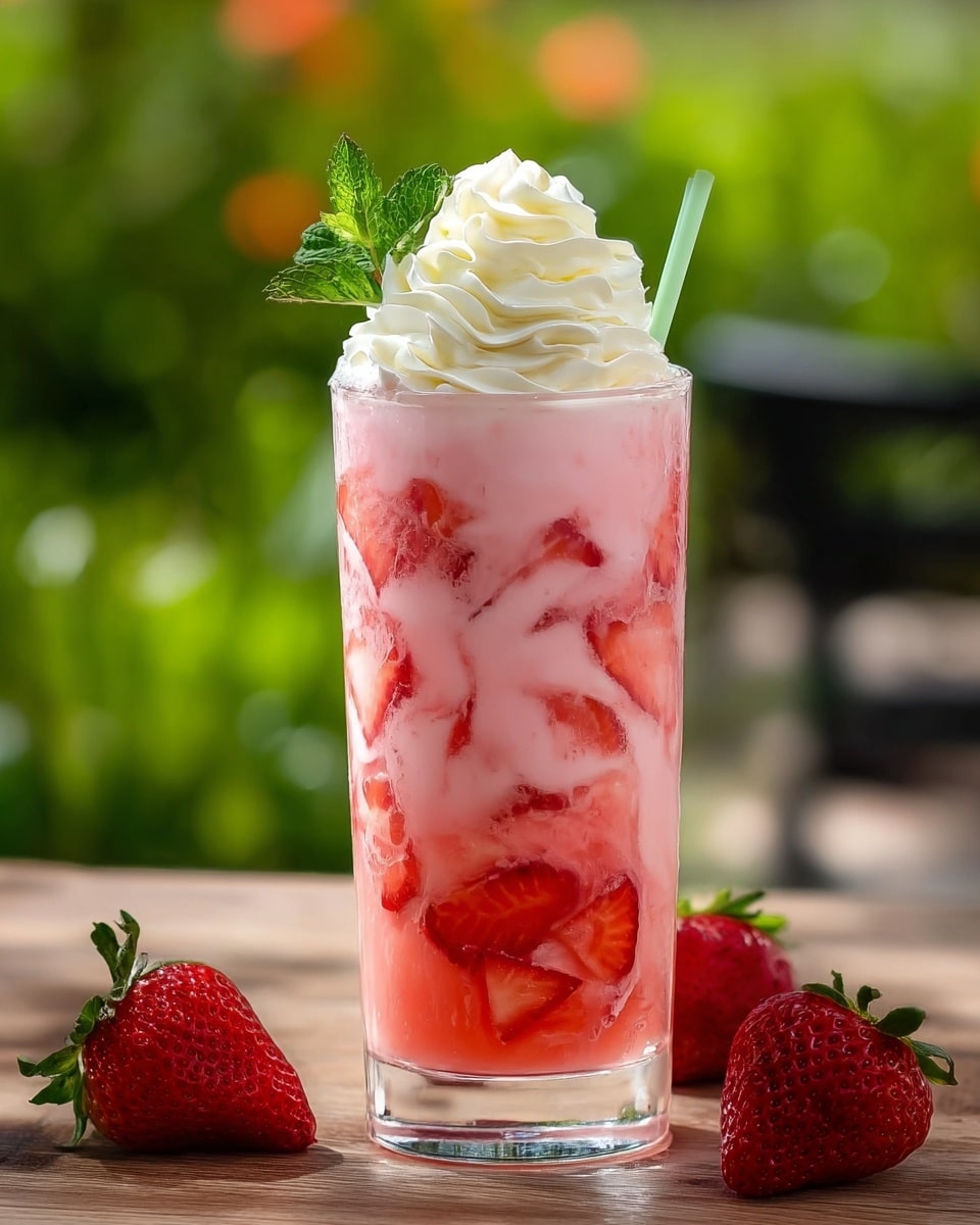 A tall clear glass filled with a pink strawberry drink showing many strawberry slices mixed within the drink. The drink has a layer of light pink froth at the top, covered with a swirl of white whipped cream, garnished with a small green mint leaf on the side. A light green straw is placed behind the whipped cream. The glass is set on a wooden surface with some fresh red strawberries around it and a blurred green outdoor background. Photo taken with an iphone --ar 4:5 --v 7