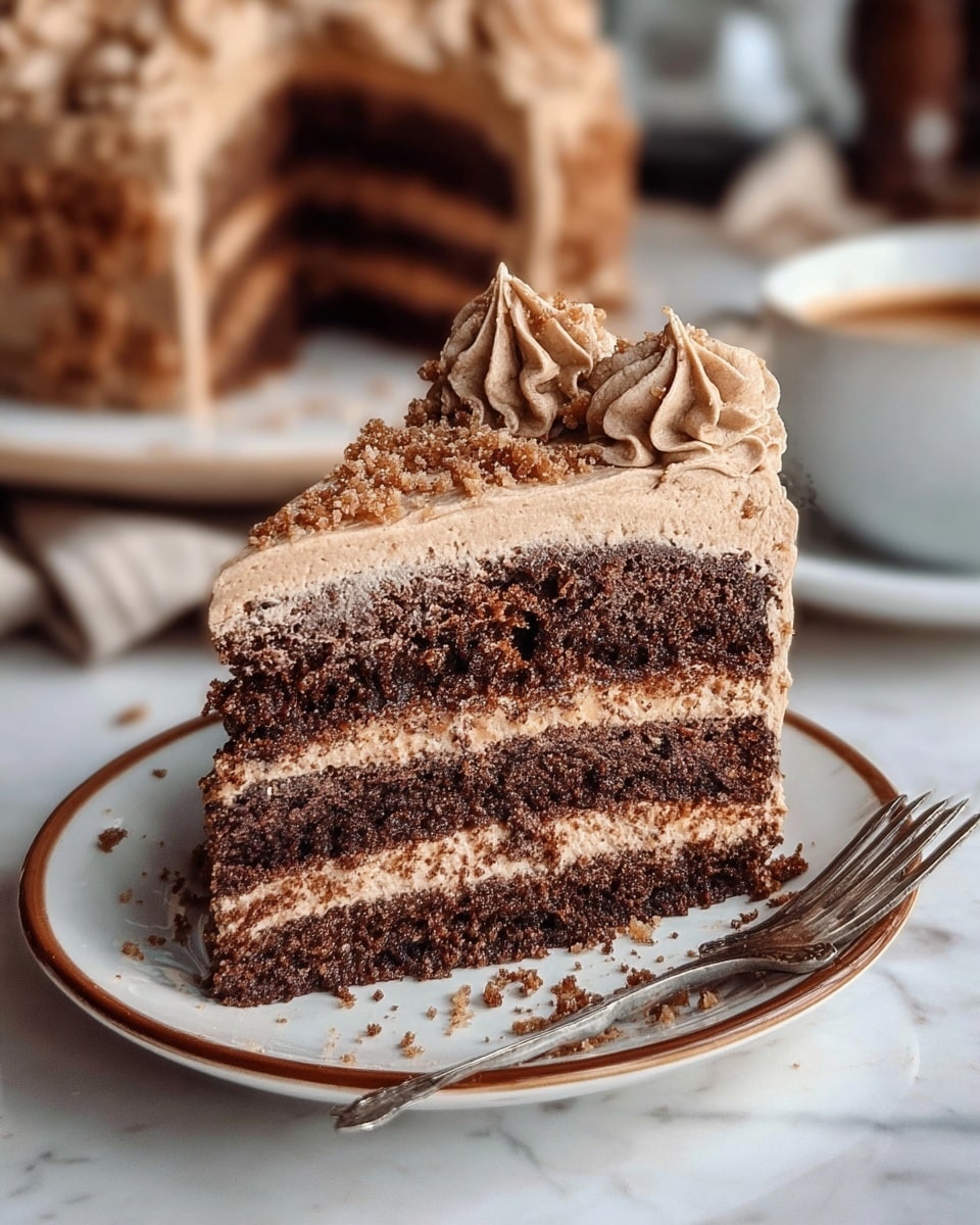 A close-up side view of a three-layer chocolate cake slice showing dense, moist dark brown cake layers separated by smooth light brown frosting. The top has a thick layer of the same light brown creamy frosting decorated with swirls and sprinkled with small crumb toppings. The slice rests on a white plate with a slight brown decorative rim on a white marbled surface, with some cake crumbs scattered around and a small fork placed next to it. In the blurred background, the rest of the cake and a cup of coffee can be seen. Photo taken with an iphone --ar 4:5 --v 7