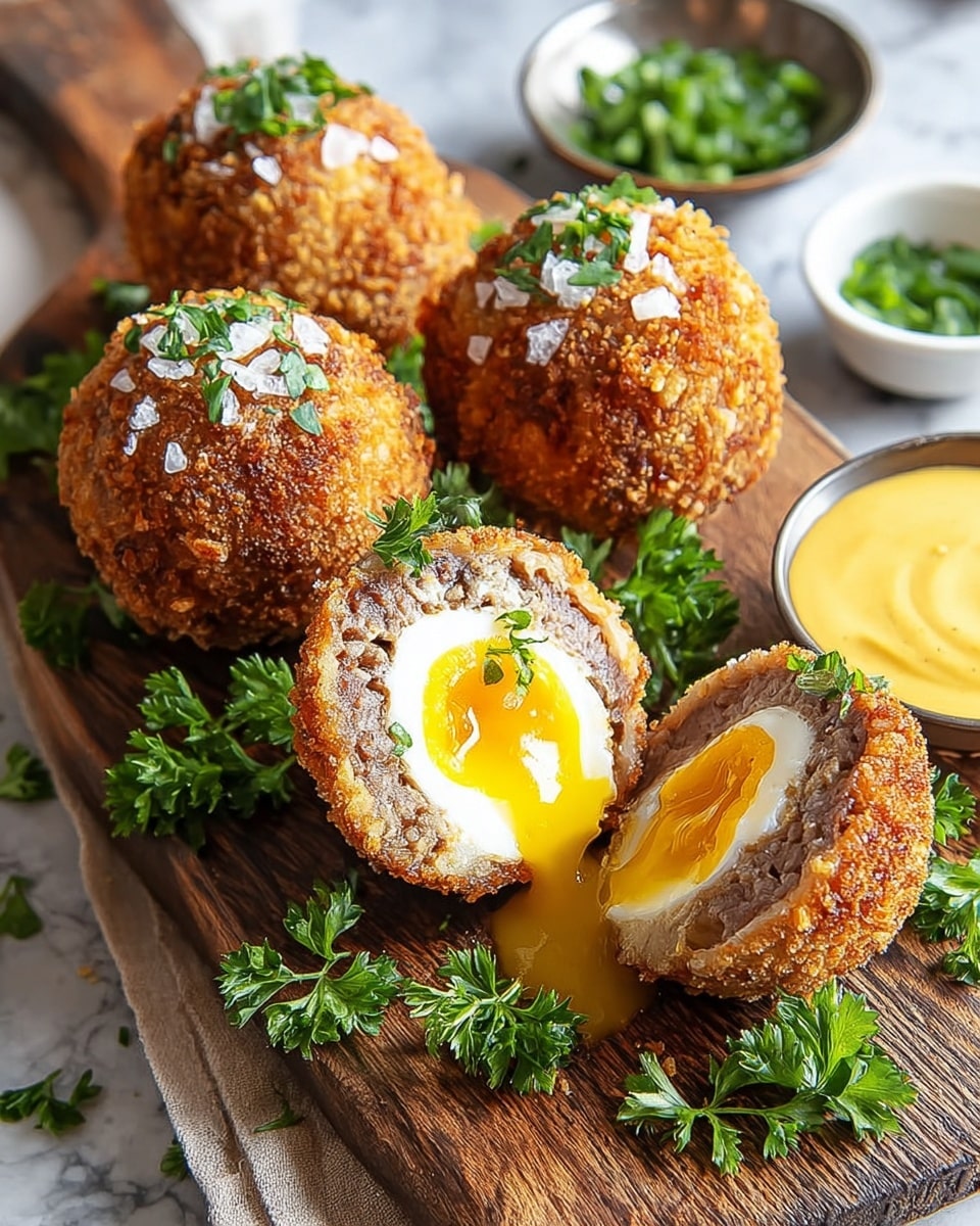 The image shows five round Scotch eggs with a golden brown crumb coating, topped with coarse salt and green parsley leaves. One Scotch egg is cut in half at the front, revealing a smooth white egg layer and a bright yellow yolk in the center, surrounded by a layer of cooked ground meat. The eggs rest on a wooden board scattered with green parsley leaves, with a small round metal bowl filled with mustard sauce on the right. In the background, a small white bowl contains chopped green herbs, all set against a white marbled texture surface. photo taken with an iphone --ar 4:5 --v 7