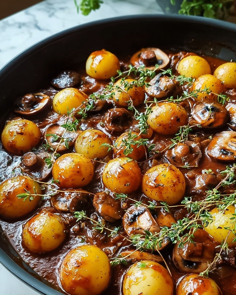 A close-up of a dark pan filled with a rich brown stew, featuring whole small golden yellow potatoes and sliced brown mushrooms scattered evenly on top. The dish is garnished with small sprigs of fresh green thyme, adding contrast and texture. The sauce is glossy and thick, coating the vegetables with a slightly oily shine. The background shows a white marbled texture surface and soft natural light coming from the side. photo taken with an iphone --ar 4:5 --v 7