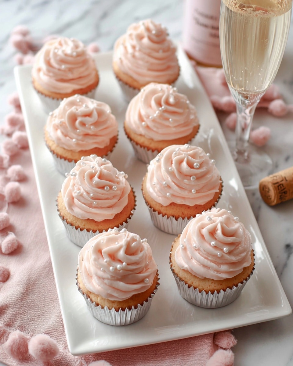 There are nine cupcakes arranged in three rows on a white rectangular plate. Each cupcake has two layers: the base is a light golden-brown cake in silver foil liners, and on top is a swirl of pale pink frosting with a smooth, creamy texture, each decorated with small pearl-like sprinkles. The plate sits on a soft pink cloth with pom-pom edges, placed on a white marbled surface. To the right, there is a champagne glass with pale bubbly liquid and a cork nearby. photo taken with an iphone --ar 4:5 --v 7