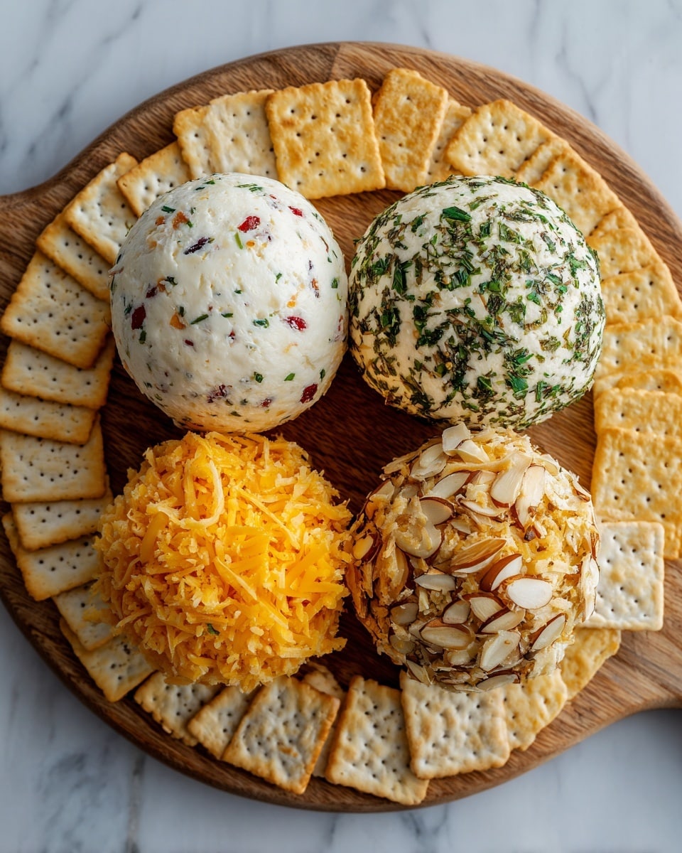 A round wooden plate holds four cheese balls of different colors and textures, each surrounded by crackers. The ball in the front center is coated in green herbs and crumbs, giving it a rough texture. To its left is a white cheese ball with bits of green and pink mixed in, looking creamy and soft. Behind the green ball, slightly to the right, is a cheese ball covered with sliced almonds, showing a light brown and beige pattern. To the far right is an orange cheese ball covered with shredded cheddar cheese and small red bits. Around the plate, rectangular and round crackers are arranged in a fan shape. The surface beneath the plate is a white marbled texture. Photo taken with an iphone --ar 4:5 --v 7