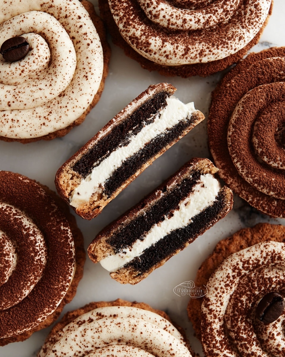 The image shows several round cookies with a thick spiral layer of cream on top, some cream layers are light beige and others are dark brown, dusted with fine cocoa powder, and each cookie is decorated with a single coffee bean placed off-center. One cookie in the center is cut into four pieces showing three layers inside: a dark brown cookie base, a middle layer of white cream, and a top layer of a denser, rich dark filling, with cocoa powder sprinkled on the cream. The cookies lie directly on a white marbled surface, highlighting the contrast between the soft and crumbly textures and the creamy spiral swirls. photo taken with an iphone --ar 4:5 --v 7