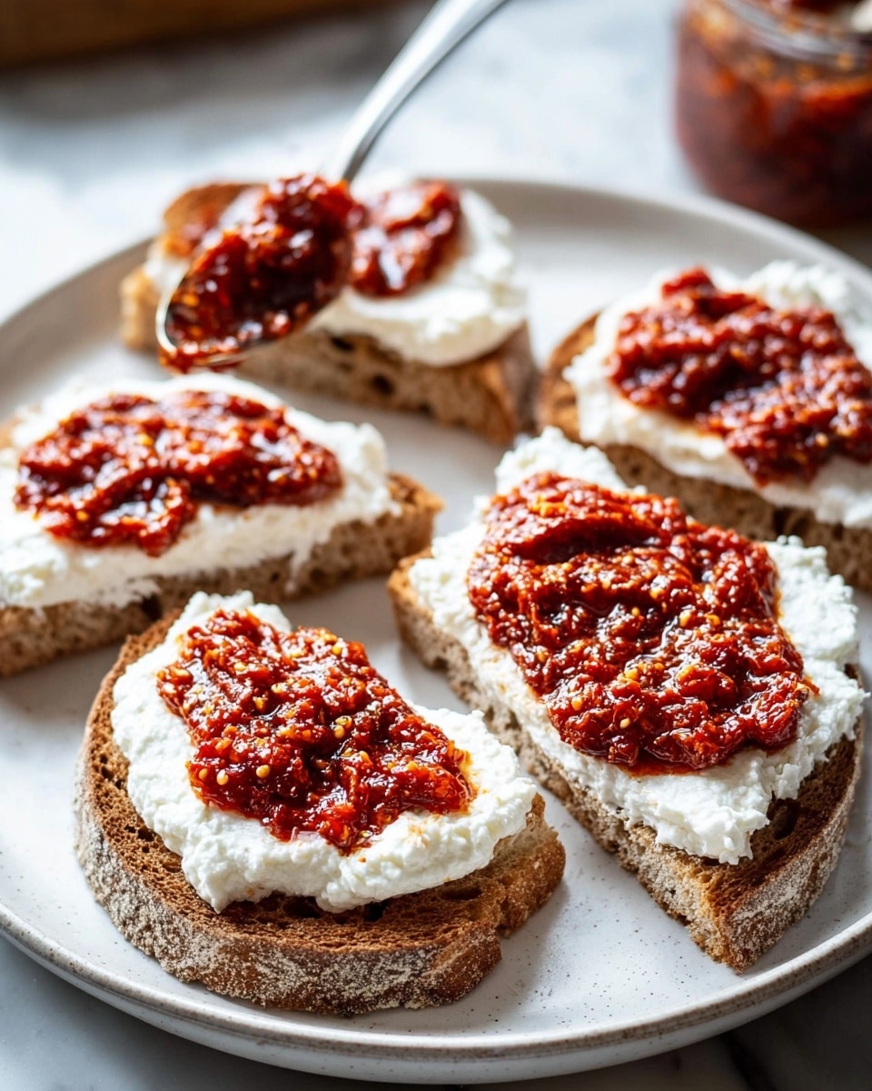 A white speckled plate holds six slices of rustic brown bread, each with two layers. The first layer is a thick, fluffy spread of white ricotta cheese that sits evenly on the bread. On top of the ricotta, there is a generous spread of chunky, deep red sun-dried tomato paste with a glossy texture. In the background, a silver spoon scoops more tomato paste, resting on the plate, and everything is set on a white marbled surface. photo taken with an iphone --ar 4:5 --v 7