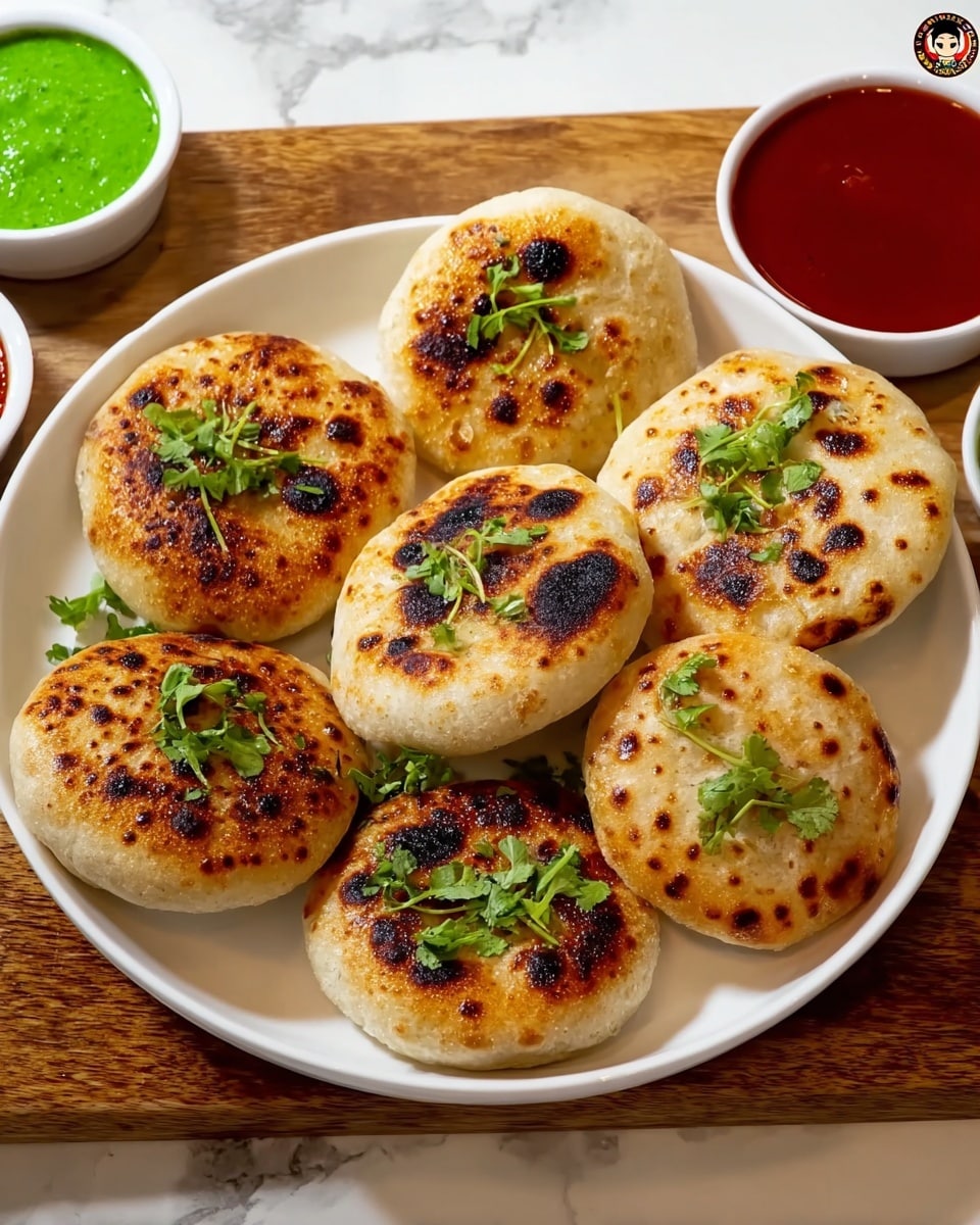 The image shows a round white plate filled with eight round, puffed bread pieces that are golden brown with black spots from cooking, each sprinkled with small fresh green herb leaves on top. The breads are arranged close to each other, covering most of the plate. Next to the plate, there are two small white bowls, one filled with a bright green sauce and the other with a deep red sauce. The plate and bowls are set on a wooden board, all placed on a white marbled surface. Photo taken with an iphone --ar 4:5 --v 7