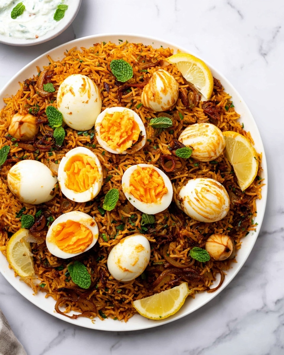 A large white plate filled with a deep orange-brown spiced rice base mixed with bits of caramelized onions and chopped herbs, topped with six boiled eggs, some whole with light grill marks and some halved showing bright yellow yolks; two lemon wedges sit near the edge of the plate, while fresh green mint leaves add a pop of color on top; the plate is placed on a white marbled texture surface with a small white bowl containing a yogurt-based side dish visible in the background; photo taken with an iphone --ar 4:5 --v 7