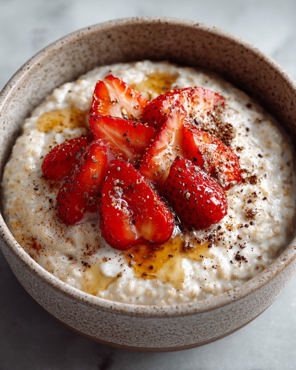 A close-up image of a bowl of creamy white oatmeal with a thick, slightly textured surface, topped with several bright red, juicy strawberry halves arranged in the center. There is a drizzle of golden syrup on top of the oatmeal and sprinkled bits of dark brown spice scattered over the strawberries and oatmeal. The bowl is a rustic, speckled stoneware in neutral shades placed on a white marbled textured surface. Photo taken with an iphone --ar 4:5 --v 7