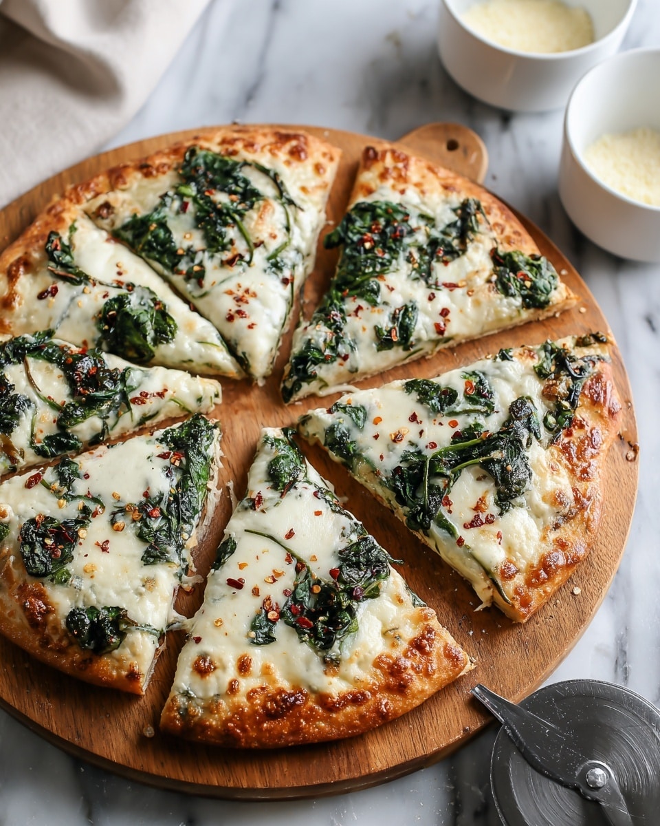 A round pizza cut into six slices sits on a wooden board placed on a white marbled surface. The crust is golden brown and thick, topped with a layer of melted white cheese that covers the whole pizza evenly. Large, dark green spinach leaves are spread on top of the cheese, with small red chili flakes scattered across the surface. The pizza's melted cheese has spots of light golden browning. In the background, a white bowl with a yellow dip and another white bowl with a light substance are slightly out of focus, and a metal pizza cutter with a round blade rests on the table near the pizza board. Photo taken with an iphone --ar 4:5 --v 7