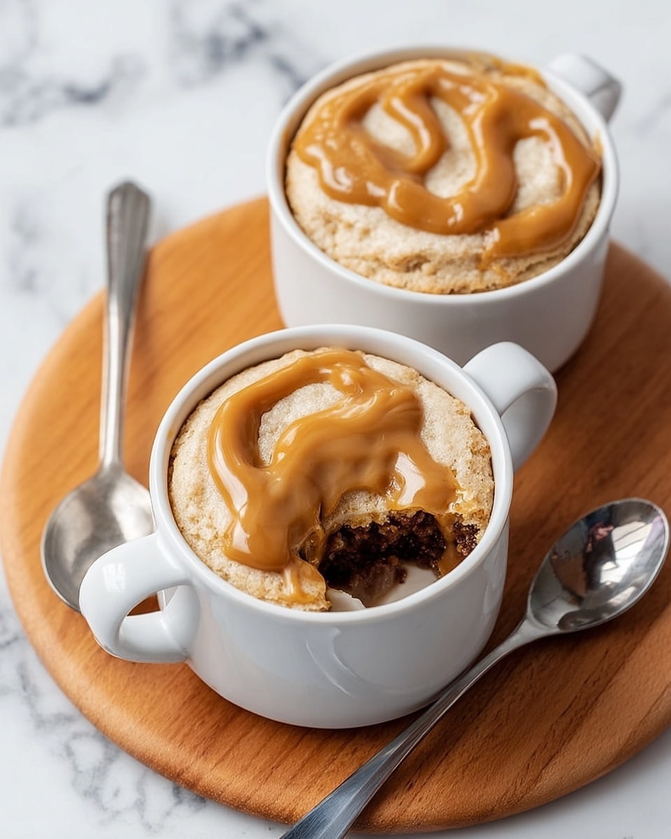 Two white mugs filled with a light brown soft cake dessert sit on a round wooden board placed on a white marbled surface. Each mug has a smooth, creamy caramel-colored sauce spread softly on top. The mug closer to the camera has a silver spoon digging into the cake, showing a darker, moist inner layer beneath the light brown surface layer. A clean spoon rests beside the mugs on the wooden board. photo taken with an iphone --ar 4:5 --v 7