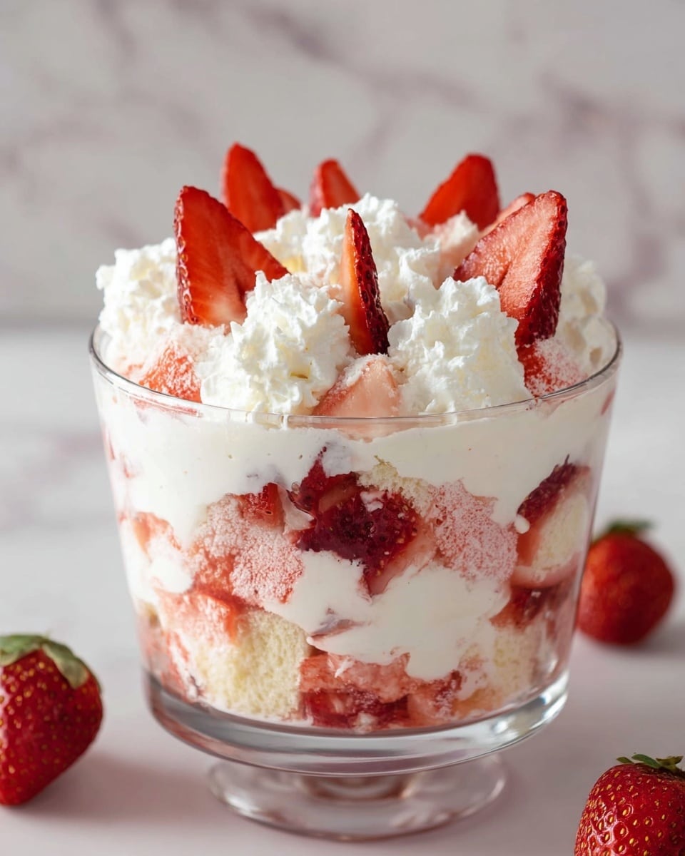 A clear glass bowl holds a four-layer strawberry trifle set on a white marbled surface. The bottom layer is made of small chunks of pink and white sponge cake mixed with cut strawberries. Above that is a thick, creamy white layer of whipped topping. The third layer repeats the sponge cake and strawberries pattern, followed by another thick layer of whipped cream. The top is decorated with swirls of whipped cream topped with halved strawberries arranged evenly around the bowl. Scattered whole strawberries surround the bowl, and a floral-patterned spoon lies nearby. photo taken with an iphone --ar 4:5 --v 7