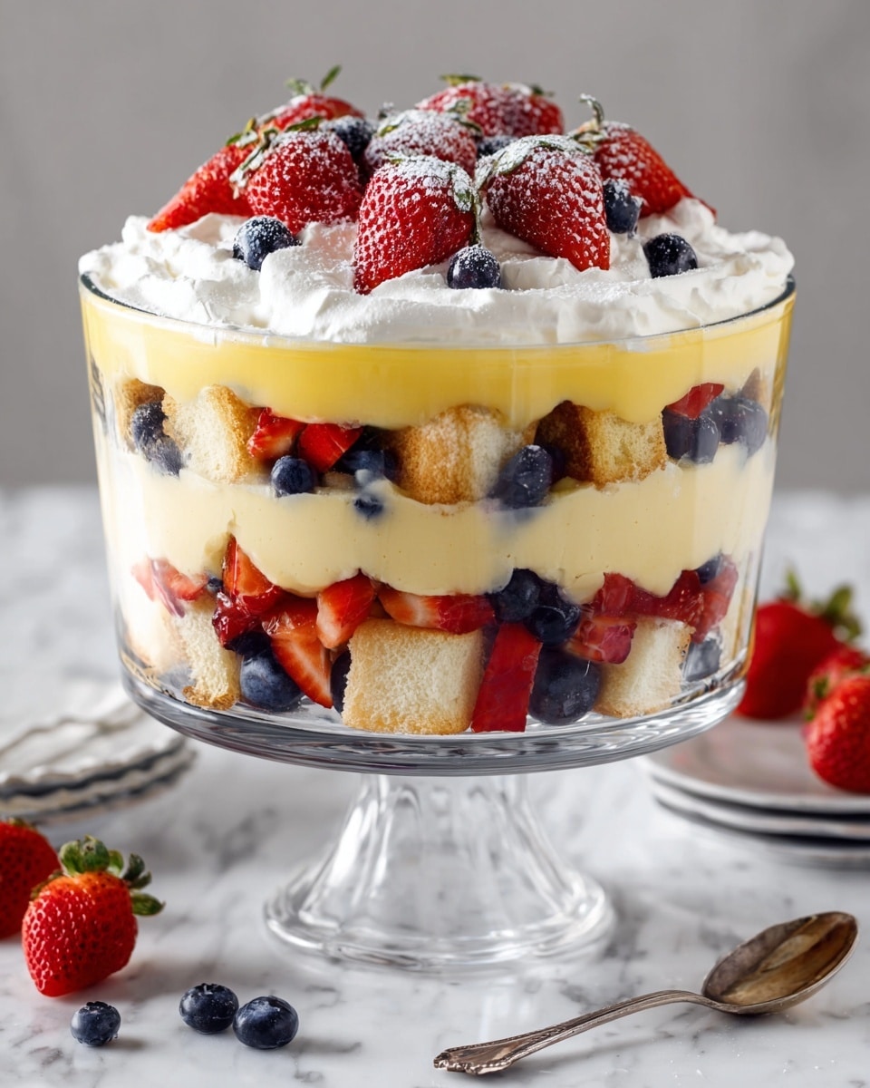 A clear glass dessert cup filled with layered cake pieces, fresh sliced strawberries, whole blueberries, and whipped cream. The bottom layer shows light yellow cake mixed with sliced strawberries and blueberries, topped with a thick layer of white, fluffy whipped cream decorated with whole bright red strawberries and deep blue blueberries. The dessert cup stands on a white marbled surface with two vintage silver spoons placed nearby and scattered fresh berries. A white cloth with black dots lies partially under the cup, with more strawberries and blueberries blurred in the background. photo taken with an iphone --ar 4:5 --v 7