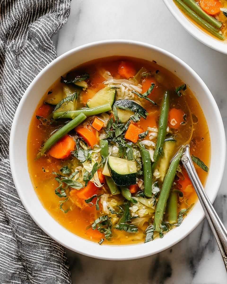 A white bowl filled with clear orange broth and many colorful vegetables. The bottom layer is the broth, clear and light orange. On top, mixed chopped vegetables including bright green beans, light green zucchini slices, orange carrot cubes, shredded white cabbage, and small green herb leaves scattered all over. A silver spoon rests inside the bowl on the right side. The bowl sits on a white marbled surface, next to a black and white striped cloth. photo taken with an iphone --ar 4:5 --v 7