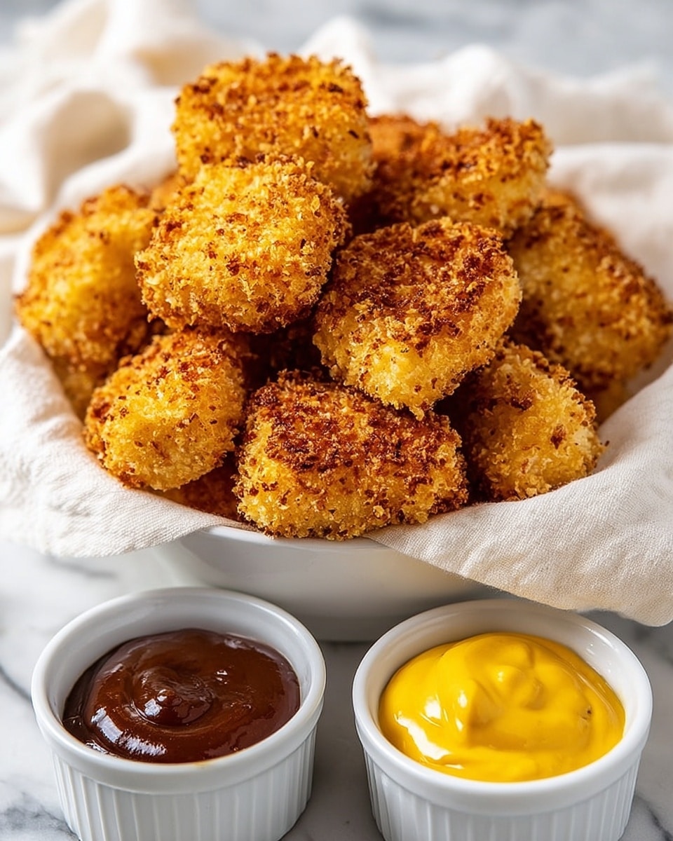 A pile of golden brown, crispy, breaded nuggets sits on a white cloth inside a white bowl. The nuggets are rough textured with some darker spots showing they are well fried. In front of the bowl are two small white ramekins, one filled with a glossy dark brown sauce, and the other with a smooth, bright yellow mustard sauce. All is set on a white marbled surface. photo taken with an iphone --ar 4:5 --v 7