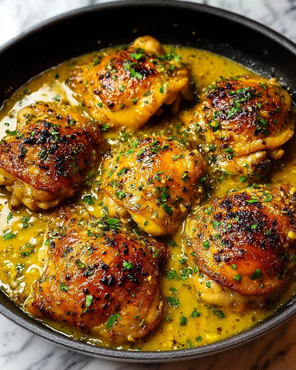 A black round pan holds four golden brown chicken thighs with crispy skin and a light char. Each thigh is cooked in a glossy, thick yellow sauce with small bits of herbs and spices visible. Fresh green chopped herbs are sprinkled unevenly on the chicken and sauce, adding a pop of color. The chicken pieces are arranged close to each other, covering most of the pan's surface, which sits on a white marbled texture. photo taken with an iphone --ar 4:5 --v 7