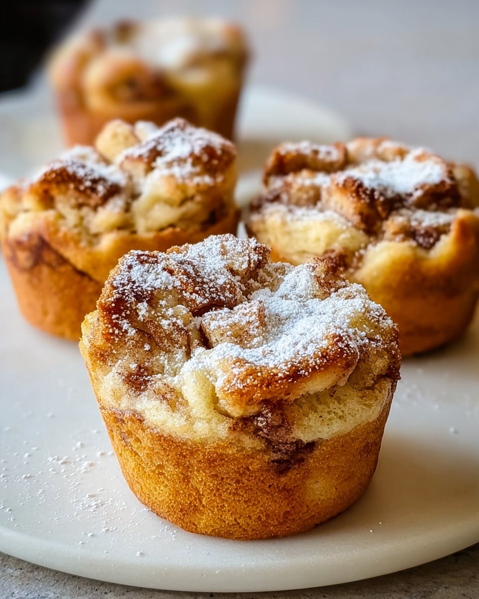 The image shows four small bread pudding muffins arranged on a white plate with a white marbled texture surface beneath. Each muffin has a golden brown outer crust with a soft, light beige and slightly crumbly interior visible at the top, where pieces of bread create a textured, uneven surface. A fine layer of powdered sugar is lightly dusted over the tops, adding a soft white contrast to the warm tones of the muffins. The muffins have a rustic, homemade look with some darker brown spots suggesting caramelized sugar or cinnamon layers inside. Photo taken with an iphone --ar 4:5 --v 7