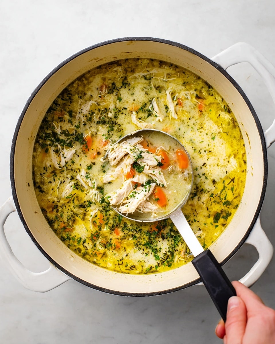A white cast iron pot filled with creamy soup that has a rich swirl of yellow oil and green herbs on the surface. Inside the soup, there are visible chunks of white shredded chicken and bright orange carrot pieces. A metal ladle with a black handle is scooping some soup, showing the thick texture and ingredients clearly. A woman's hand is holding the ladle over a white marbled surface. photo taken with an iphone --ar 4:5 --v 7
