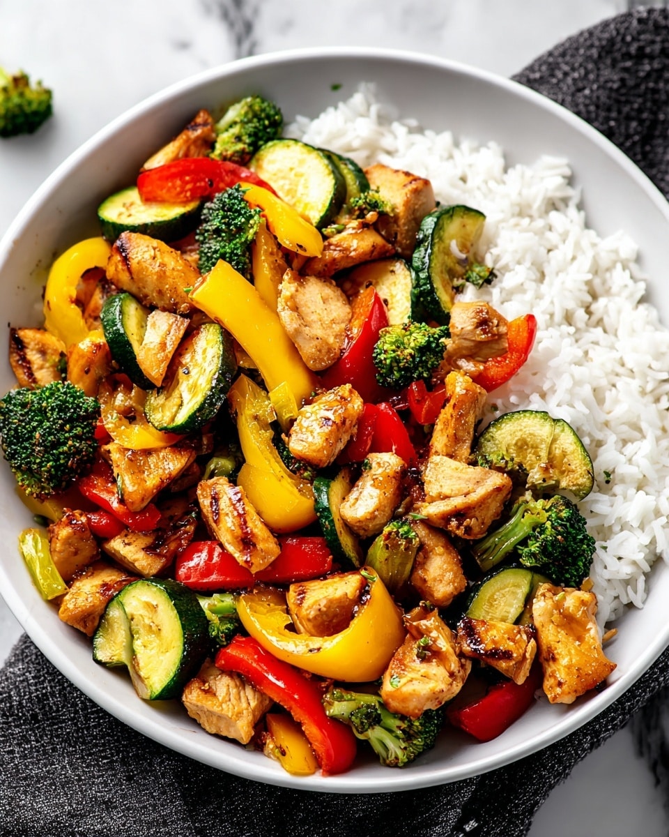 A white bowl filled with a base layer of white steamed rice covering half the bowl, topped with a colorful stir-fry mix. The stir-fry layer has golden-brown grilled chicken pieces, bright green broccoli florets, chunks of yellow bell pepper, red bell pepper slices, and green zucchini slices, all mixed together and spread evenly over the rice. The chicken pieces show slight sear marks, and the vegetables look fresh and tender with a glossy finish. The bowl sits on a white marbled surface with a dark gray cloth napkin on one side. photo taken with an iphone --ar 4:5 --v 7