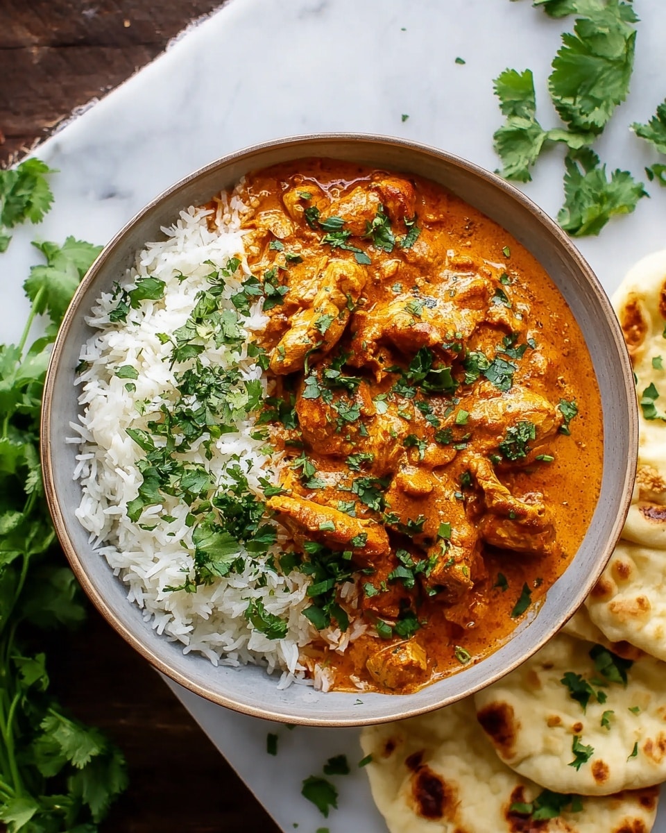 A bowl filled with white rice on one side and creamy orange curry chicken on the other, topped with chopped green cilantro leaves. The curry sauce is thick and smooth, covering tender pieces of chicken. Fresh cilantro leaves are also placed on the side of the rice, adding a pop of green. Next to the bowl, there are pieces of soft naan bread resting on a white marbled surface, along with some loose cilantro leaves scattered around. Photo taken with an iphone --ar 4:5 --v 7