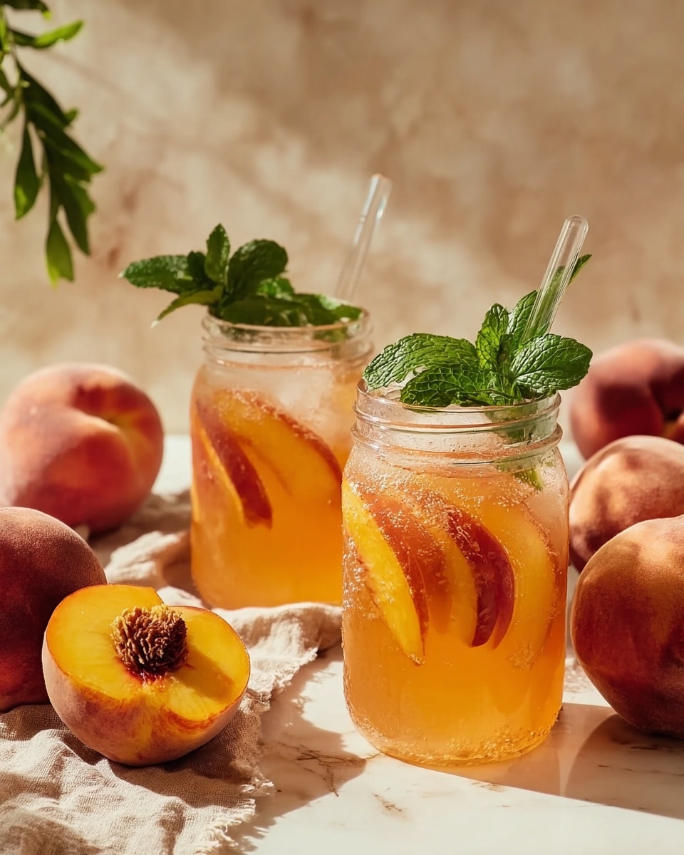 Two clear glass jars filled with a light peach-colored iced drink sit on a white marbled surface. Each jar contains several slices of bright yellow and reddish peach with a soft texture, immersed in the bubbly liquid. The jars are covered in tiny condensation droplets. One jar has a green mint sprig on top along with a clear glass straw. Around the jars, there are whole peaches with fuzzy skin in shades of red and orange, a halved peach revealing its dark brown pit, and a light beige textured cloth casually placed nearby. The scene is softly lit with natural sunlight. photo taken with an iphone --ar 4:5 --v 7