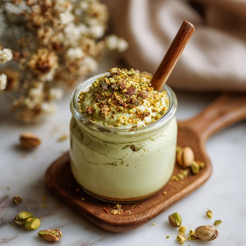 A glass jar filled with three layers of pale green creamy pistachio spread, topped with chopped pistachio nuts that add texture and color on the smooth surface, sitting on a wooden board scattered with whole and cracked pistachio shells. A wooden spoon is placed inside the jar, partially submerged in the cream, with a soft beige cloth in the background resting on a white marbled surface. The lighting is warm, giving a cozy and rich feel to the scene. photo taken with an iphone --ar 4:5 --v 7