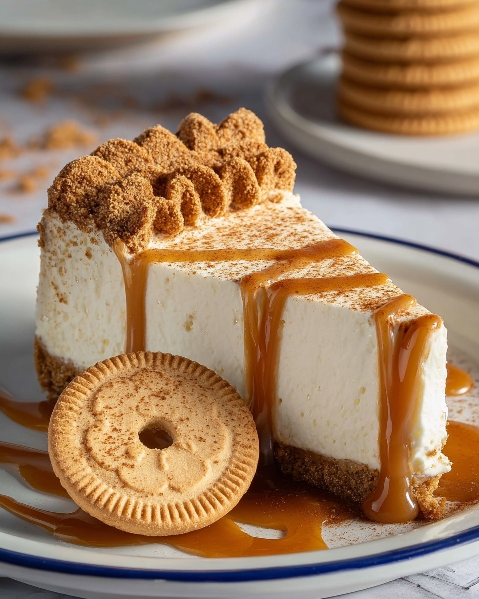 A slice of creamy white cheesecake with a thick, crumbly light brown crust at the bottom and a decorative crust edge on top, drizzled with smooth caramel sauce that flows down the sides. The cheesecake is dusted with a light sprinkling of cinnamon powder on top. It sits on a white plate with a thin blue rim, with more caramel sauce artistically smeared around the slice. Next to the cheesecake slice is a light brown sandwich cookie with a round hole in the center, showing caramel filling inside. The background features a white marbled texture surface and a blurred stack of similar cookies. Photo taken with an iphone --ar 4:5 --v 7