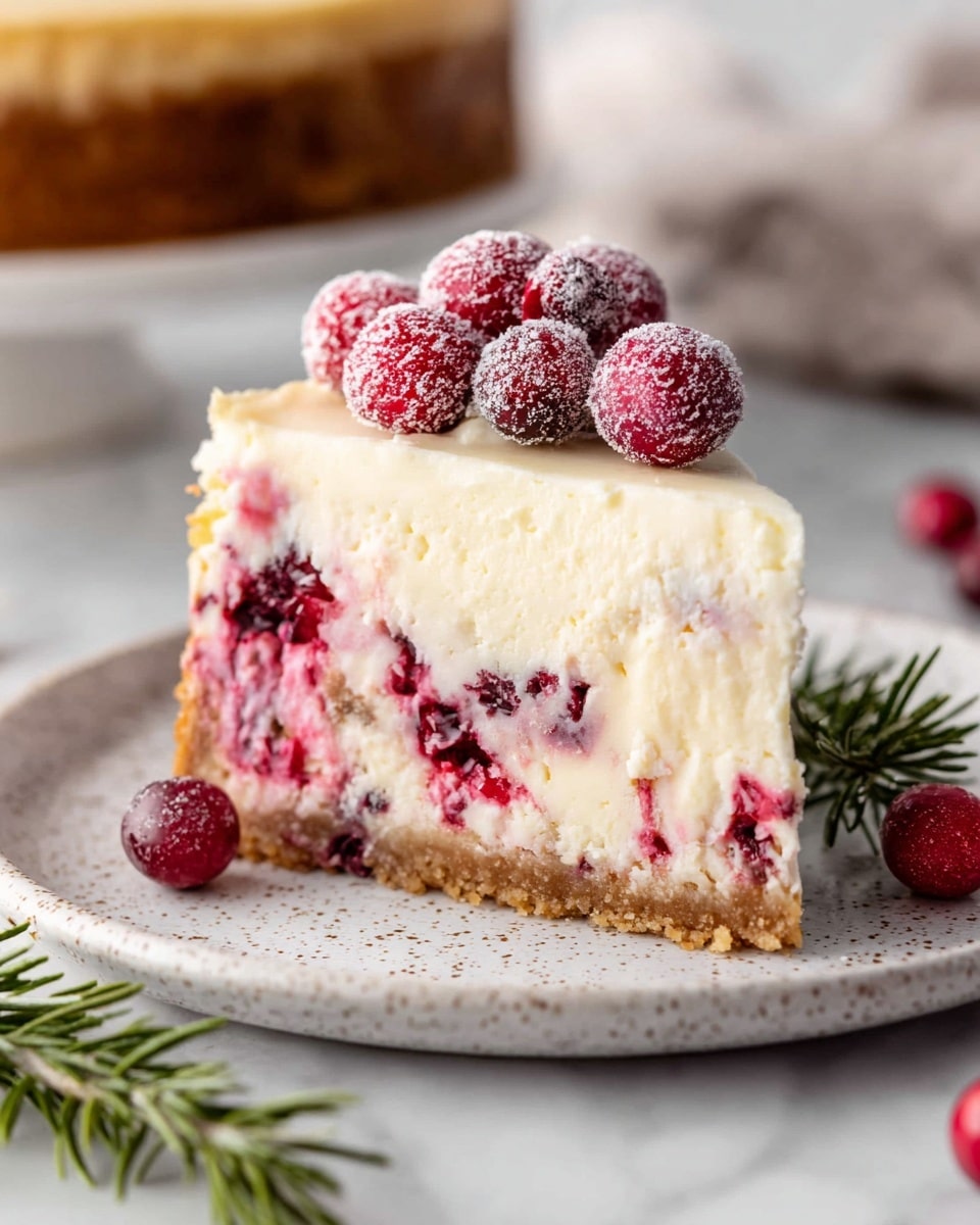 A slice of cheesecake is shown on a white speckled plate placed on a white marbled surface. The cheesecake has three main layers: a base layer of light brown crumbly crust, a thick middle creamy layer mixed with swirls of red berry pieces, and a top layer of smooth white cream. On top of the cheesecake are several red sugared cranberries, frosted and glistening, arranged neatly. In the foreground, a sprig of green rosemary lies blurred, adding color contrast, while another cranberries are visible beside the plate. Photo taken with an iphone --ar 4:5 --v 7