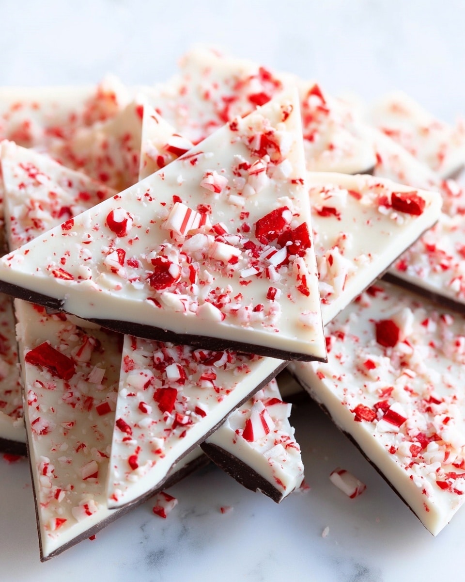 The image shows several triangular pieces of peppermint bark stacked on a white plate. Each piece has three layers: a thin dark brown chocolate base, a middle white chocolate layer, and on top, crushed peppermint candy bits scattered all over, combining white and bright red colors. The surface below the plate is a white marbled texture. The photo is taken with an iphone --ar 4:5 --v 7