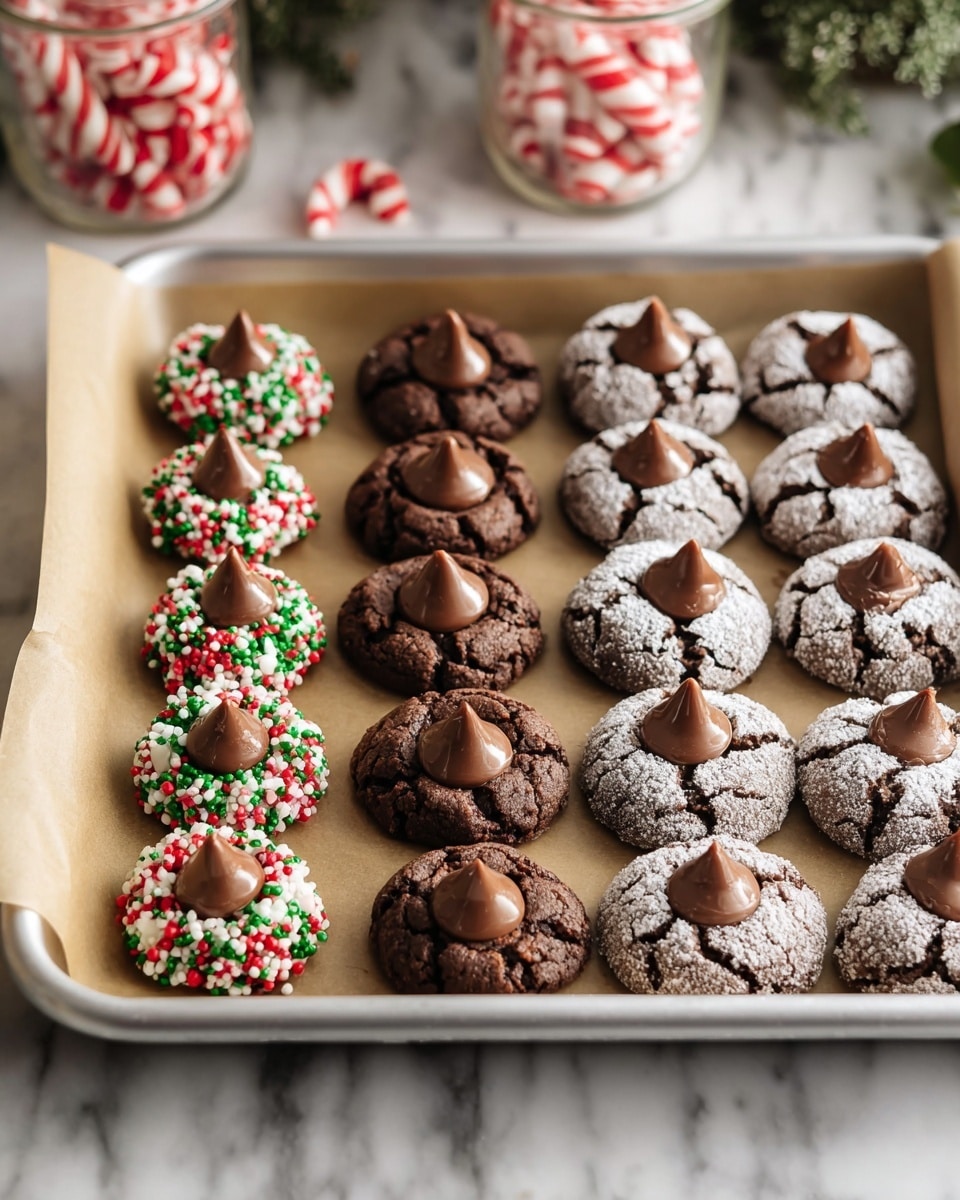 A tray lined with parchment paper holds three types of small cookies arranged in neat rows. The first type is a dark brown, cracked cookie with a smooth, cone-shaped milk chocolate piece on top at the center, slightly shiny with a soft texture. The second type is also dark brown but covered in red, white, and green round sprinkles on the edges, topped centrally with the same milk chocolate cone. The third type is a cracked dark brown cookie dusted lightly with powdered sugar, crowned in the middle by a red-and-white striped peppermint candy that has a pointed tip. The tray sits on a white marbled surface with blurred holiday jars and green foliage in the background. photo taken with an iphone --ar 4:5 --v 7