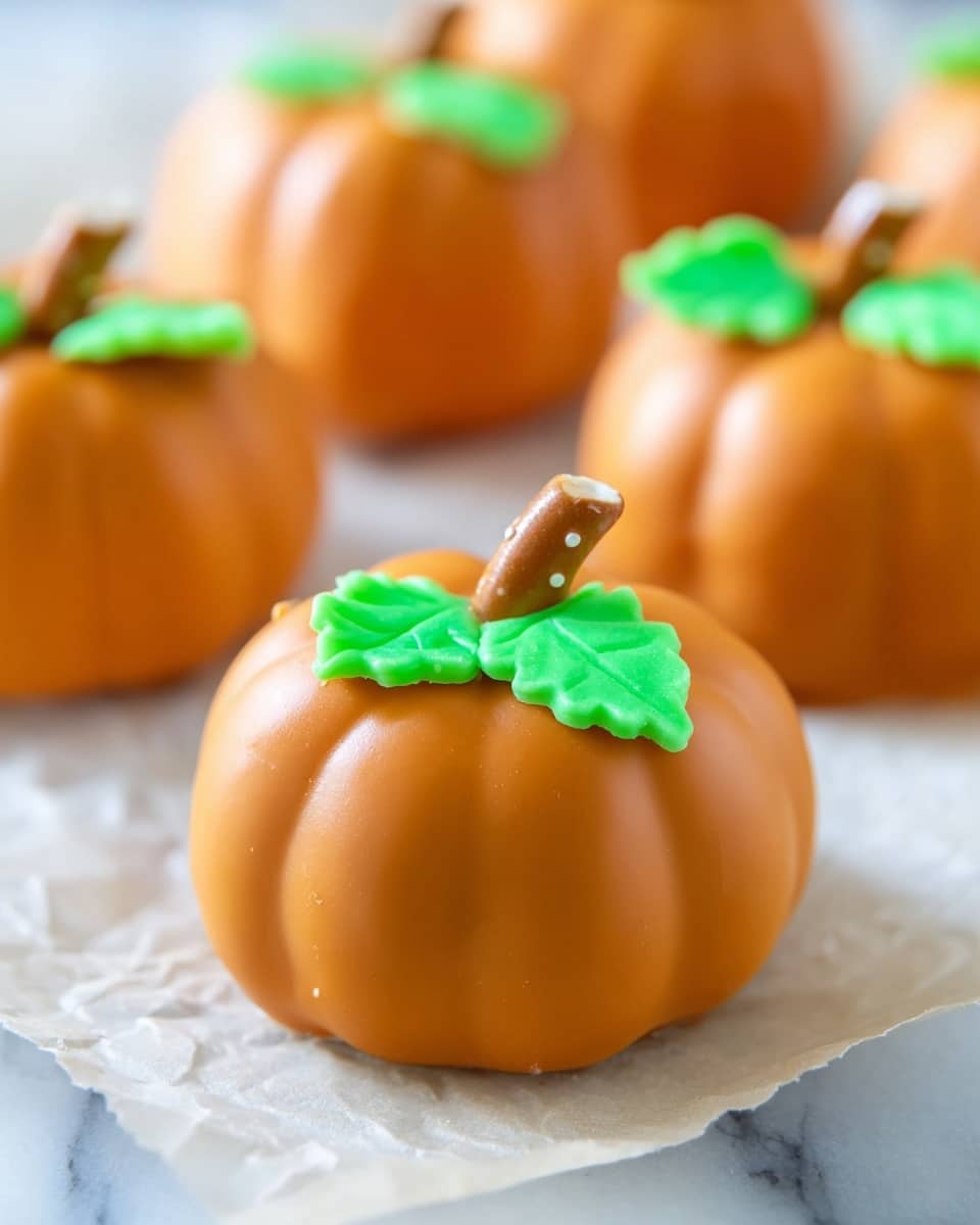 The image shows small pumpkin-shaped treats with a smooth, bright orange outer layer that mimics the pumpkin's skin. Each treat has shallow, rounded grooves around its side, giving a realistic pumpkin texture. On top, there is a bright green leaf-like decoration with a soft texture, placed near a short, light brown pretzel stick that acts like the pumpkin's stem. The treats sit on crumpled baking paper against a white marbled surface. The lighting highlights the shiny finish of the orange layer. photo taken with an iphone --ar 4:5 --v 7