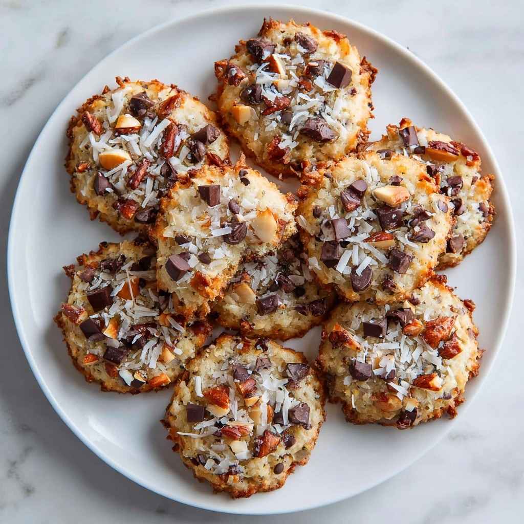 The image shows seven keto magic cookies on a white plate with a smooth surface, placed on a white marbled texture. Each cookie has two visible layers: the bottom layer is a golden-brown baked base with a slightly rough texture, and the top layer is a mix of chopped nuts, shredded coconut, and dark chocolate chips, which adds a crunchy and chunky texture. The cookies are arranged closely but not touching each other, with some cookies having uneven edges. The lighting highlights the glossy shine on the chocolate pieces and the toasted look of the coconut. photo taken with an iphone --ar 4:5 --v 7