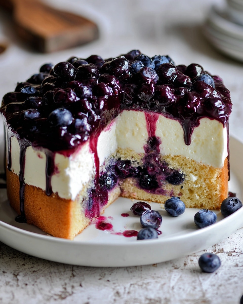 A close-up of a three-layer square cake piece resting on a wooden surface with scattered crumbs and blueberries around it. The bottom layer is a light yellow, soft sponge cake. The middle layer is a thick, creamy white cheesecake. The top layer is a glossy dark purple blueberry glaze with whole blueberries embedded, dripping slightly down the sides. In the foreground, a silver spoon with a single blueberry sits near the cake. The background is blurred, showing more pieces of the same cake. The surface behind is a white marbled texture. photo taken with an iphone --ar 4:5 --v 7