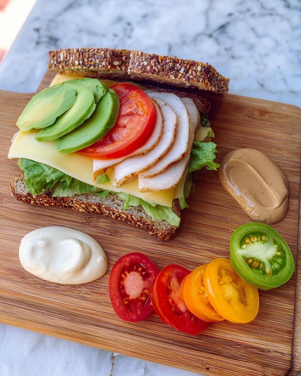 A sandwich on a wooden board shows a base slice of seeded brown bread topped with fresh green lettuce, thin white turkey slices, creamy light green avocado slices, and pale yellow cheese. On top, there are three tomato slices: one green, one red, and one orange. The top piece of seeded brown bread is partly covering the sandwich from above. Next to the sandwich on the board, there are two dollops of sauces, one white and one light brown, and three extra tomato slices in orange, red, and green arranged in a row. The background is a white marbled surface. photo taken with an iphone --ar 4:5 --v 7