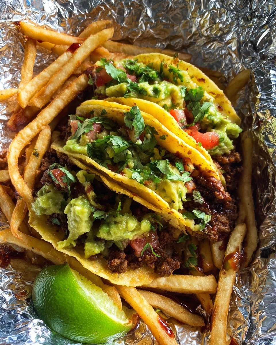 The image shows three small tacos stacked loosely on top of each other, each with a soft yellowish corn tortilla. The bottom layer of the tacos is ground meat with a browned texture, topped with chunks of green guacamole mixed with red tomato pieces. Sprigs of fresh green cilantro are scattered over and around the tacos. Golden brown French fries are spread on and around the tacos, creating a crunchy texture contrast. A lime wedge, showing bright green skin and juicy light green flesh, is placed on the lower right. Everything sits on crumpled shiny silver foil with some spots of dark red sauce around the edge. Photo taken with an iphone --ar 4:5 --v 7