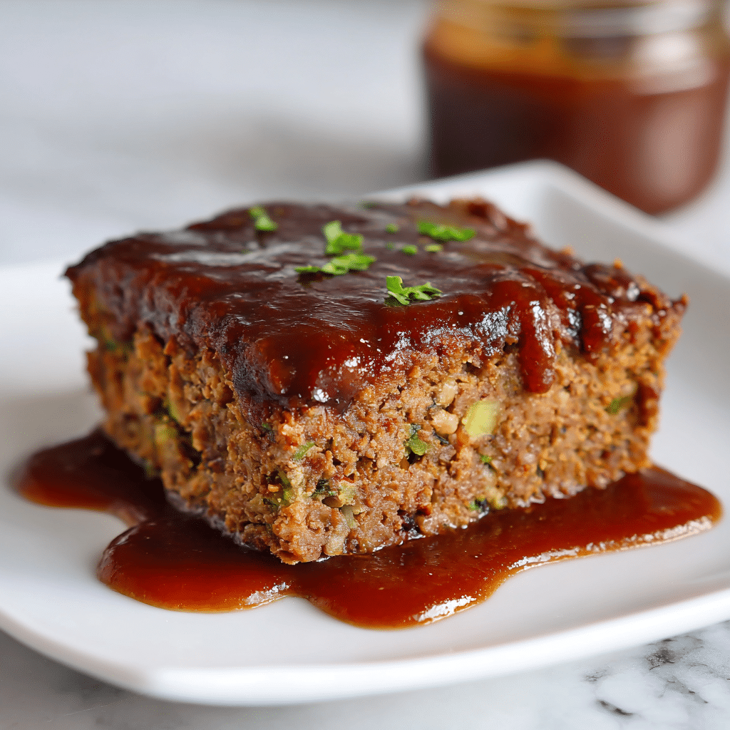 A small square-shaped vegan meatloaf sits in the center of a white square plate, made from finely chopped nuts and vegetables in a brown and green mix with a coarse, crumbly texture. The top of the meatloaf is covered with a thick, glossy dark brown sauce that drips down the sides onto the plate. In the background, a blurred jar of the same sauce is visible, all set on a white marbled surface. photo taken with an iphone --ar 4:5 --v 7