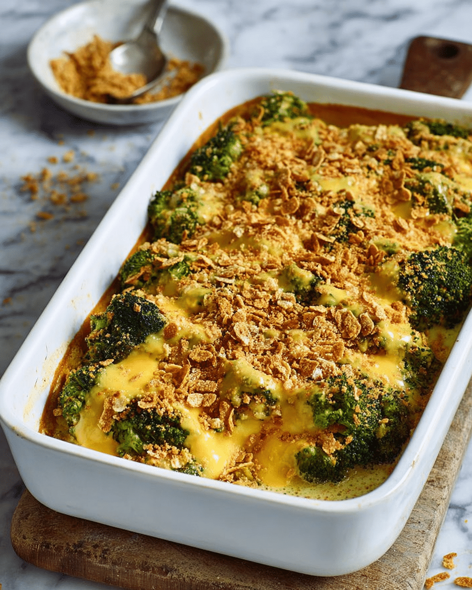 A white rectangular baking dish holds a layered casserole set on a white marbled texture. The bottom layer is hidden but appears solid and brown, likely a base or crust. Above it is a thick layer of dark green broccoli florets, spread evenly. The broccoli is covered by a generous layer of melted yellow cheese sauce that oozes over the vegetables in thick patches. The top layer is sprinkled with coarse, golden-brown breadcrumbs or crushed chips, scattered unevenly across the cheese, adding a crunchy texture. In the background, a small white bowl contains more golden-brown crumbs with a silver spoon inside. Photo taken with an iphone --ar 4:5 --v 7