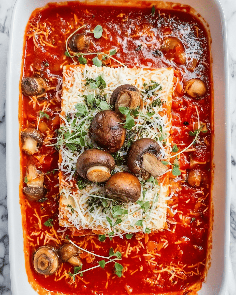 The image shows three thick white tofu slices arranged vertically, each topped with a layer of red tomato sauce and sprinkled with shredded white cheese. Around the tofu are whole brown mushrooms and small green herb leaves scattered over the dish. The dish sits on a white marbled surface. photo taken with an iphone --ar 4:5 --v 7