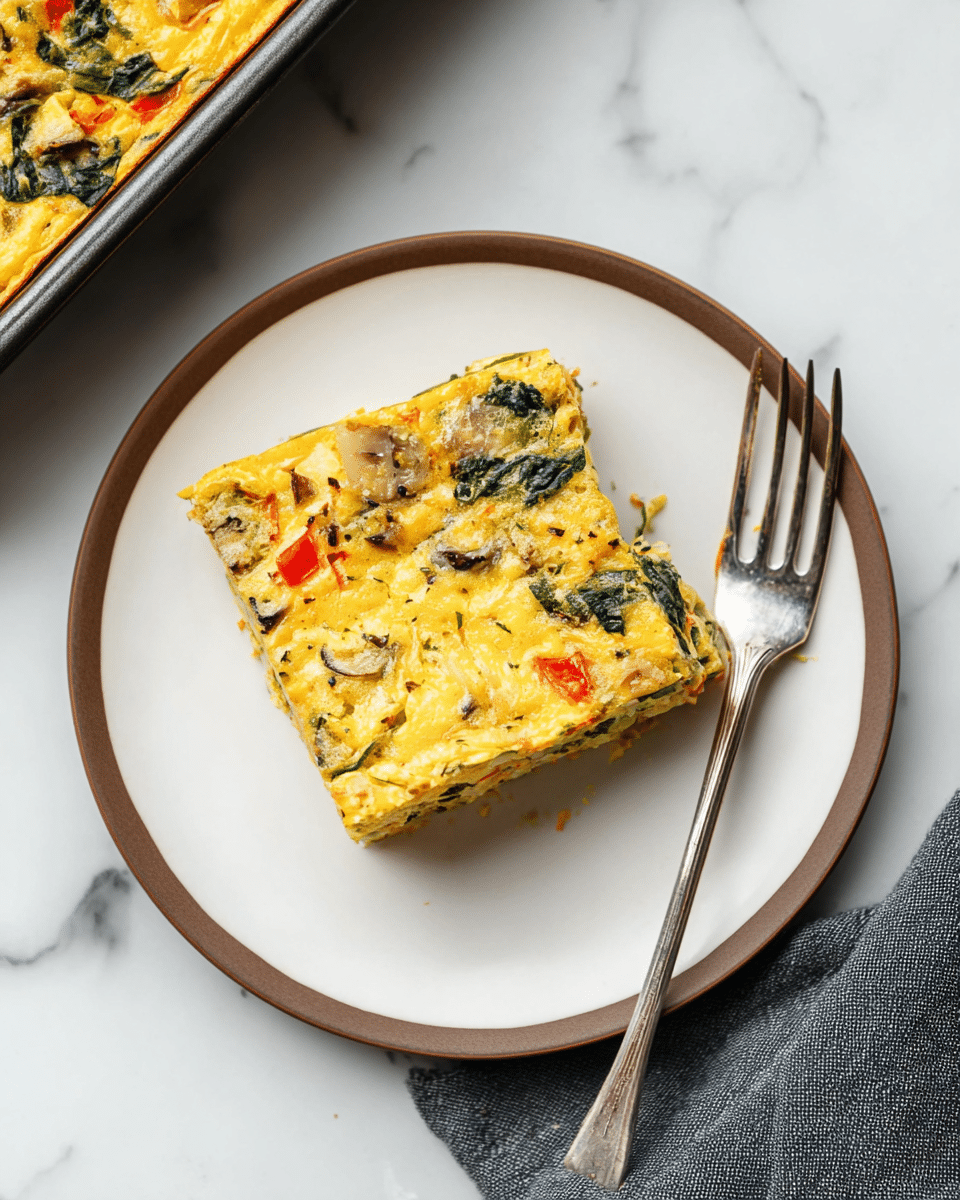A square slice of vegetable frittata sits on a white plate with a thin dark rim, showing roughly three layers: a top layer of golden-yellow egg mixed with green spinach leaves, red bell pepper pieces, and small bits of mushroom, a middle layer of lighter yellow egg with visible vegetable chunks, and a slightly firmer bottom crust. The frittata has a soft, slightly spongy texture with visible herbs and seasoning speckled throughout. A silver fork rests on the right side of the plate, partially under the frittata. The plate is placed on a white marbled surface, with a dark grey cloth to the bottom right and a dark baking tray with the rest of the frittata partially seen in the top left corner. Photo taken with an iphone --ar 4:5 --v 7