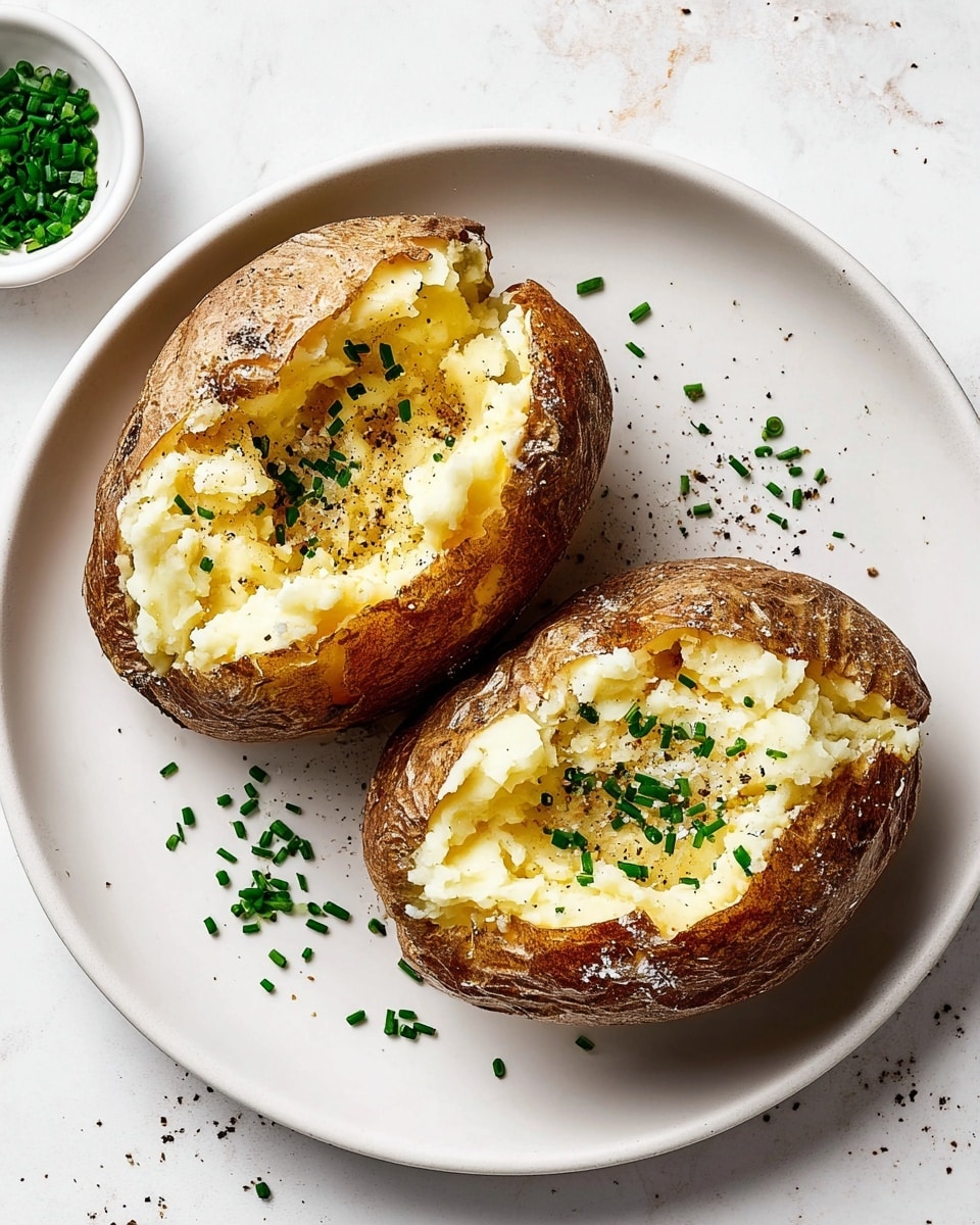 Two baked potatoes are placed side by side on a large white plate resting on a white marbled surface. Each potato is cut open, showing soft, mashed potato inside with a light yellow color and a fluffy texture. The potato skins are brown and crisp, with a rough texture and a light coating of salt. On top of the mashed potatoes, there are small green chives sprinkled evenly, along with some cracked black pepper for contrast. There are also scattered chives and pepper bits around the potatoes on the plate, adding detail. A small white bowl with extra chopped chives is partially visible in the top left corner. Photo taken with an iphone --ar 4:5 --v 7