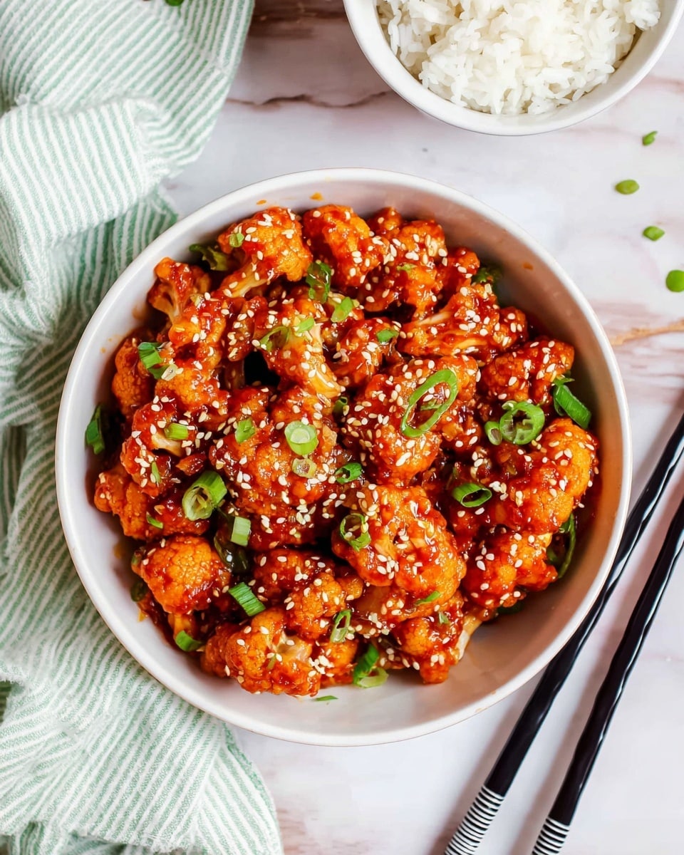 A white bowl filled with bite-sized cauliflower pieces coated in a glossy, bright orange-red sauce, topped with sprinkled white sesame seeds and small green onion slices scattered evenly across the dish. The cauliflower has a slightly bumpy texture and looks tender, with bits of finely chopped white onion mixed in. The bowl rests on a white marbled surface, accompanied by a pair of black and white chopsticks placed to the right and a white bowl of steamed white rice to the upper left, partially visible. A striped cloth in soft green and white lies beside the bowl. Photo taken with an iphone --ar 4:5 --v 7