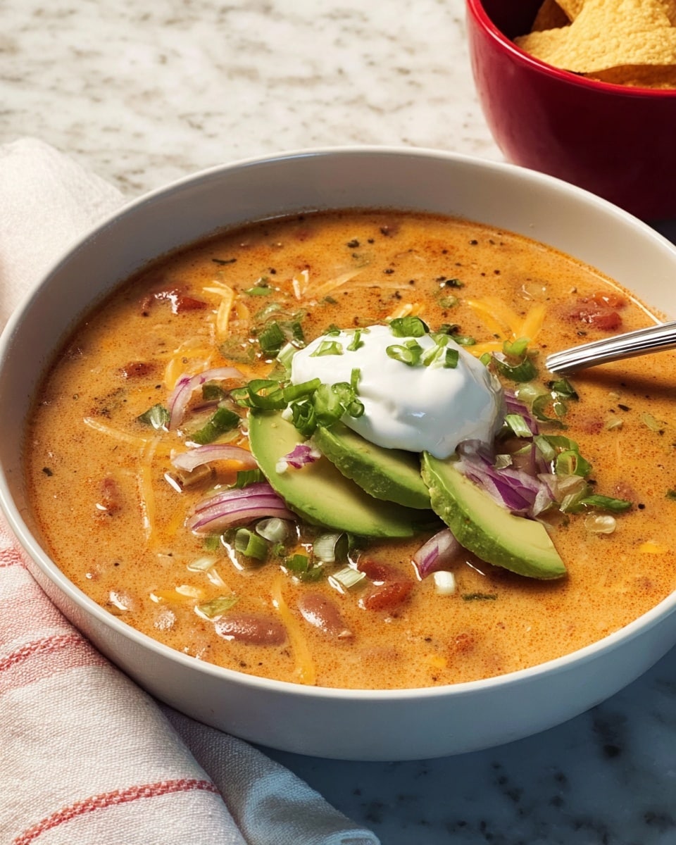 A white bowl filled with creamy, orange-tinged soup with visible small chunks of tomato and beans throughout. On top, there is a dollop of white sour cream in the center, surrounded by green slices of fresh avocado, thin rings of purple-red onion, and chopped green onions. A silver spoon is placed in the soup near the edge of the bowl. In the background, there is a white marbled surface with a red bowl containing round tortilla chips and a white folded napkin visible. photo taken with an iphone --ar 4:5 --v 7