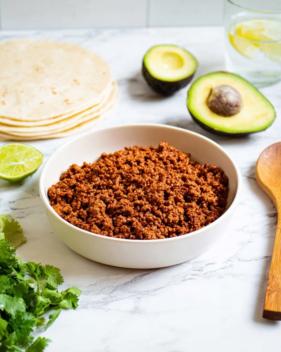 A white bowl filled with a single layer of finely chopped, cooked brown seasoned meat placed in the center of a white marbled surface; behind the bowl, there are three stacked white tortillas and two halves of a ripe avocado with smooth green flesh and a brown seed visible in one half, along with a small bunch of fresh green cilantro; to the left in the foreground, a few lime wedges with bright green rinds and pale green flesh are scattered; a clear glass of water with lemon slices is partially visible on the far left, and on the right side, a wooden spoon with a smooth brown texture rests on the surface. photo taken with an iphone --ar 4:5 --v 7