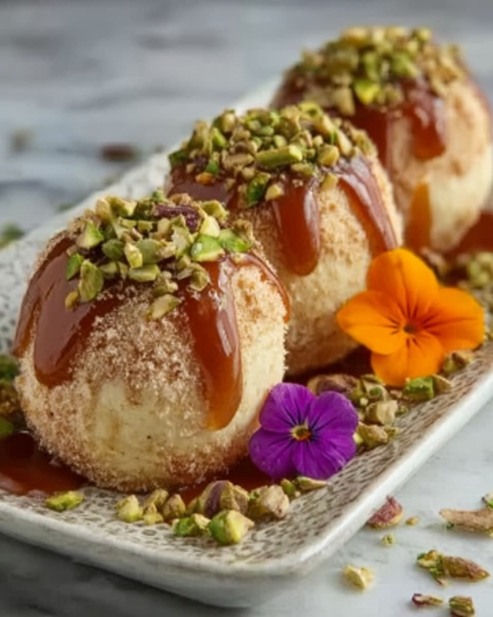 The image shows a stack of seven round, light brown dessert balls arranged in a pyramid on a white speckled plate. Each ball has a soft crumbly texture and is shiny with a dark caramel drizzle running down the sides. On top of each dessert ball, there are small bits of green crushed pistachios and white powder, likely powdered sugar or coconut flakes. Around the plate, there are a few small pink rose petals and an orange flower placed on a white marbled surface. photo taken with an iphone --ar 4:5 --v 7