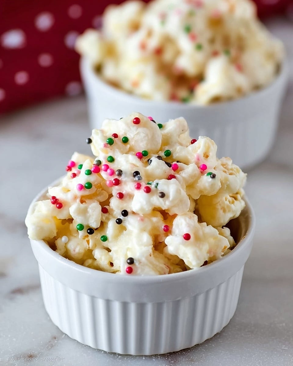 The image shows two white ramekins placed on a white marbled surface, each filled with popcorn coated in a white creamy layer. The popcorn is sprinkled with small, round, colorful candy sprinkles in red, green, black, and pink. The front ramekin is in clear focus, showing the popcorn's fluffy texture and the smooth coating, while the second ramekin is slightly blurred in the background. photo taken with an iphone --ar 4:5 --v 7
