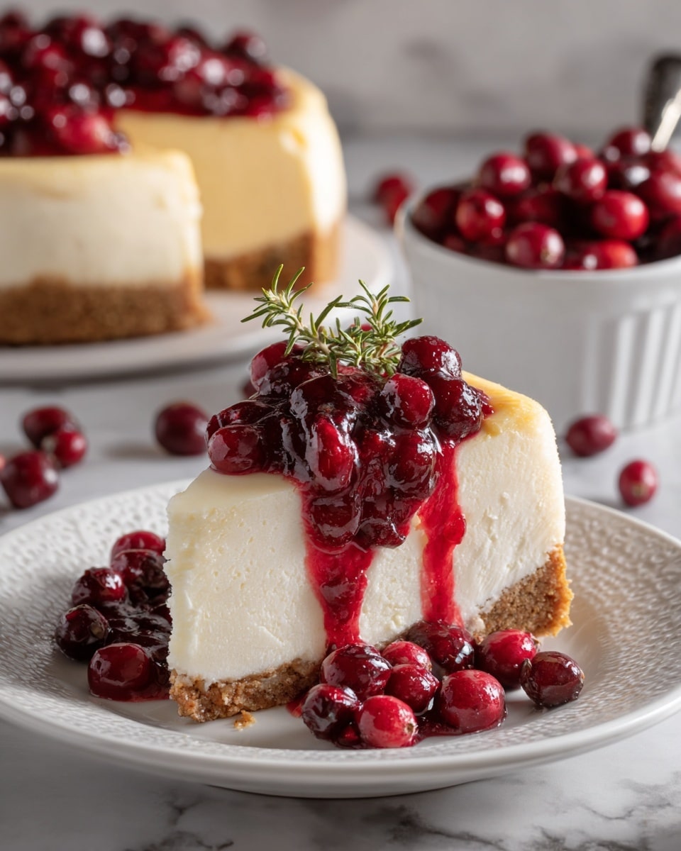 A slice of creamy white cheesecake with a thick, light brown crumb crust sits on a white plate with a textured edge, topped generously with glossy deep red cranberry sauce that drips down the sides, garnished with a small green rosemary sprig in the center. In the background on the left, a larger section of the cheesecake is visible, and on the right, a white bowl filled with fresh cranberries rests on a white marbled surface scattered with loose cranberries. The lighting is soft, highlighting the smooth texture of the cheesecake and the shiny surface of the cranberry topping. Photo taken with an iphone --ar 4:5 --v 7