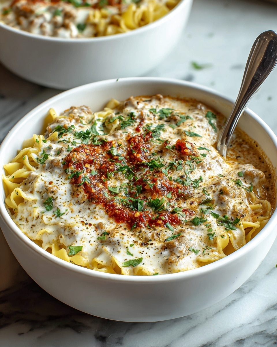 A white bowl filled with three visible layers starts with yellow pasta noodles at the bottom, topped with a creamy, slightly browned white sauce mixed with bits of brown meat and herbs, then garnished with small spoons of red sauce and sprinkled with fresh green chopped parsley and black pepper flakes. A silver spoon is placed inside the bowl, and the bowl is set on a white marbled surface, with a second bowl blurred in the background. photo taken with an iphone --ar 4:5 --v 7