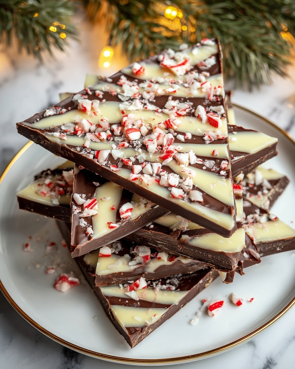 The image shows a stack of six triangular dark chocolate pieces on a white plate with gold trim. Each chocolate piece has three visual layers: a dark brown shiny base, diagonal and smooth creamy white chocolate stripes on top, and small crushed red and white peppermint candy pieces scattered evenly across the surface. The edges of the chocolate are sharp and clean, and the candy pieces add a rough texture on top. The plate sits on a white marbled surface with a blurred green pine branch and warm yellow fairy lights in the background. photo taken with an iphone --ar 4:5 --v 7