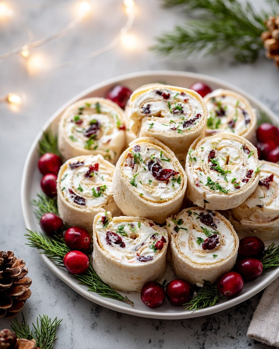 A round white plate holds eight pinwheel-shaped rolls arranged close together, each roll showing three visible layers: a light beige tortilla wrap, a thick white cream cheese layer filled with small dark red dried cranberries and sprinkled chopped green herbs on top. The rolls have a soft and creamy texture with slight roughness from the herbs and cranberries. Fresh whole cranberries are scattered around the rolls on the plate, complemented by small green pine needles for decoration. The plate is placed on a white marbled surface with warm string lights and pine cones visible nearby, creating a cozy atmosphere. Photo taken with an iphone --ar 4:5 --v 7