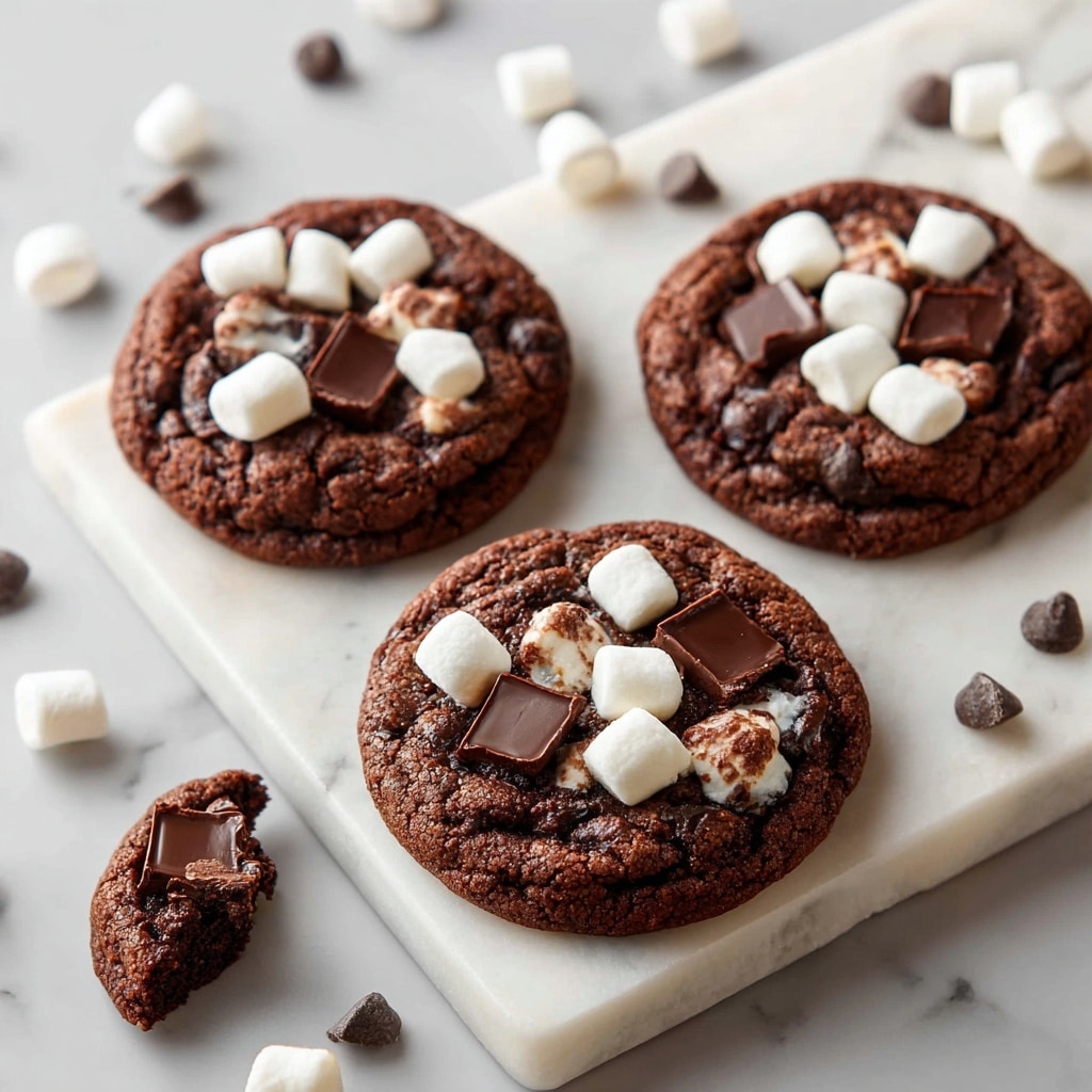 Three round, dark brown cocoa cookies with a soft, slightly cracked texture, each topped with small white marshmallows and square chunks of dark chocolate, some marshmallows appear slightly toasted. They are arranged on a white marble cutting board placed on a white marbled surface, with scattered mini marshmallows and chocolate chips around. One cookie at the bottom left is broken, showing the gooey inside. Photo taken with an iphone --ar 4:5 --v 7