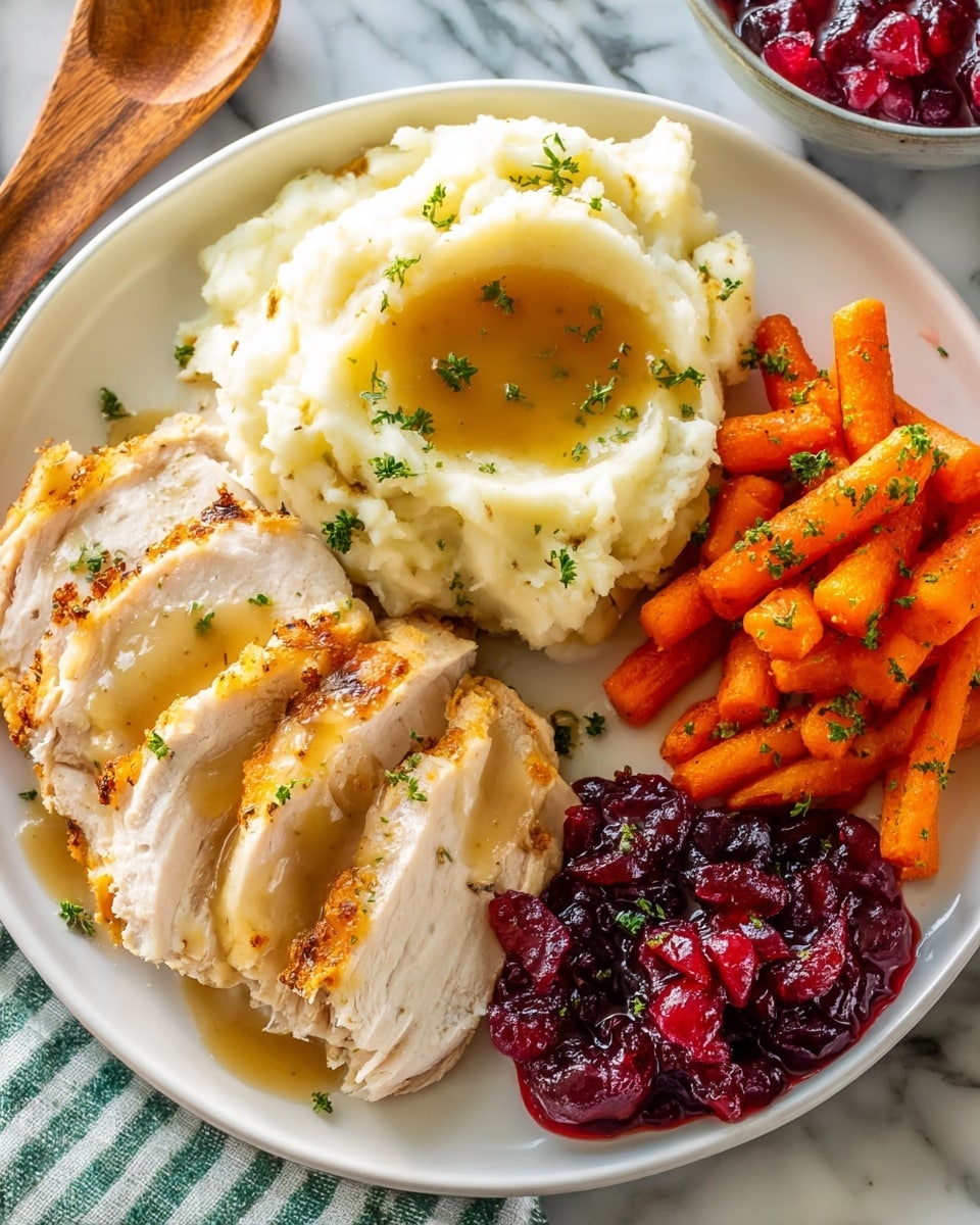 A white plate holds four main sections: on the left are four slices of roasted turkey breast with a golden-brown crispy skin and tender white meat, topped with light brown gravy and small green parsley specks; at the top is a large scoop of creamy mashed potatoes, smooth and pale, with a pool of light golden gravy in the center and small parsley pieces sprinkled over it; to the right of the mashed potatoes is a heap of roasted baby carrots, vibrant orange with a slightly shiny texture, also garnished with parsley; below the carrots is a generous serving of chunky, glossy deep red cranberry sauce with a slightly jelly-like texture. The plate sits on a white marbled surface with a wooden spoon and a small bowl of cranberry sauce partially visible around it. photo taken with an iphone --ar 4:5 --v 7